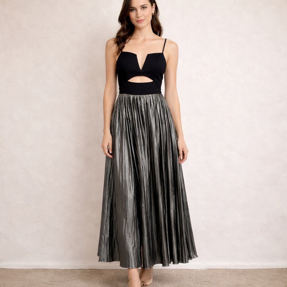 Free People Piper Pleated Midi Dress Black Silver Womens XS NWT $198.00